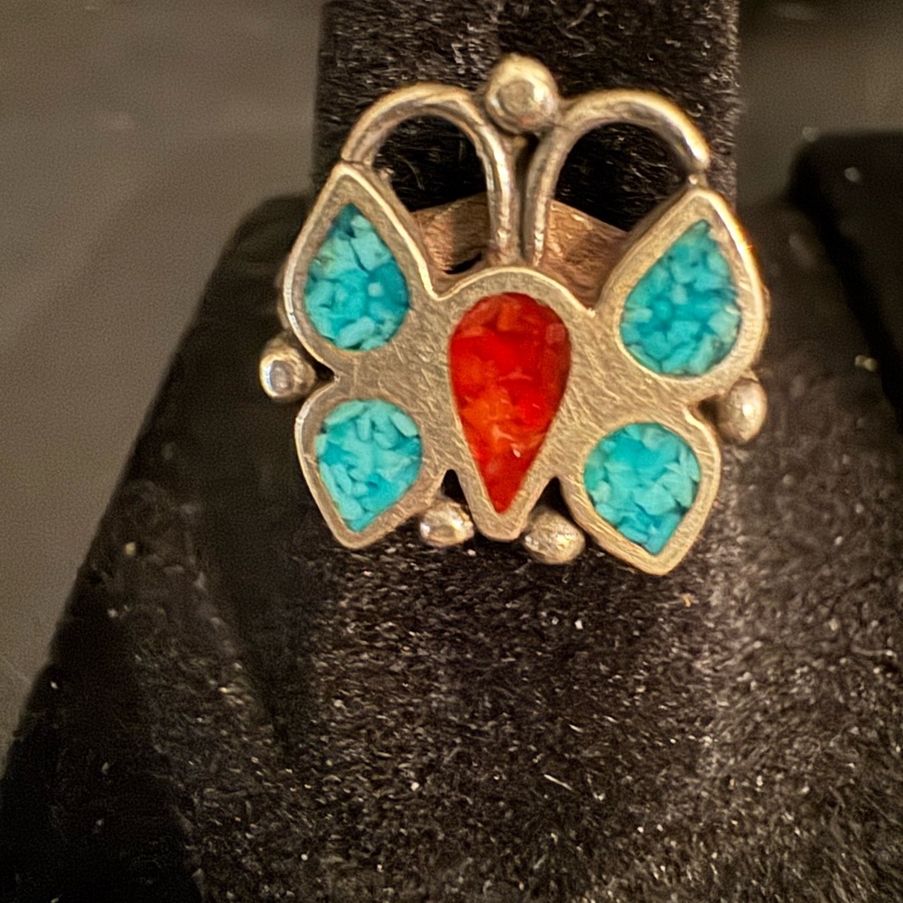 Sterling Silver Butterfly Ring with Turquoise and coral inlay‎ Accents.